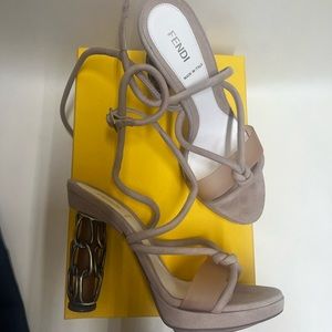 Fendi Beige Suede Chain Cage Heel Platform Sandals Size 39